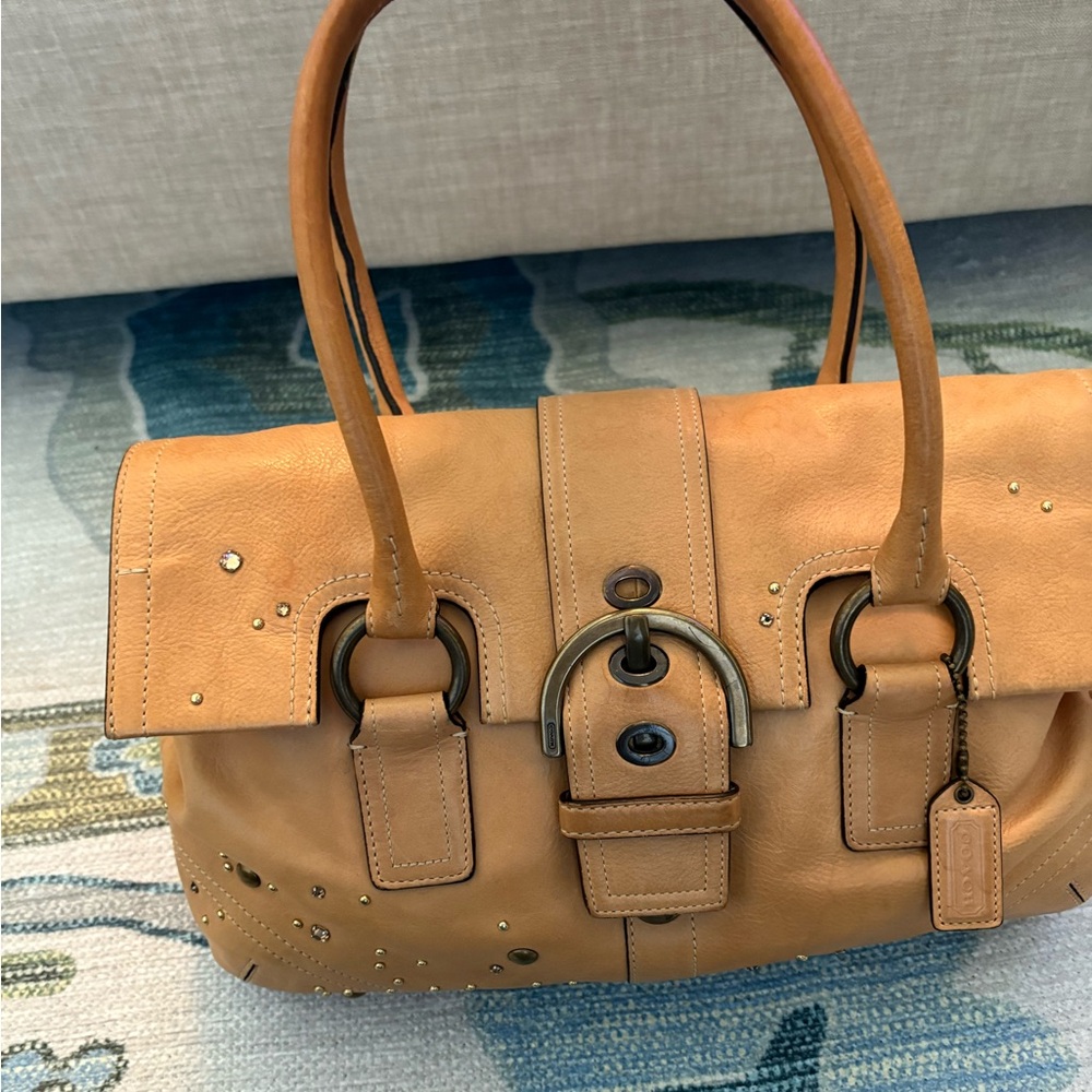 Coach Tan Leather Satchel with Buckle Accents